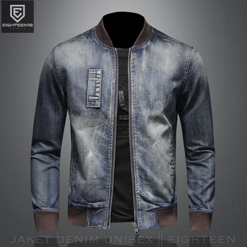 EIGHTEEN-jaketn jeans polos bomber kerah rip keren santai kasual unisex