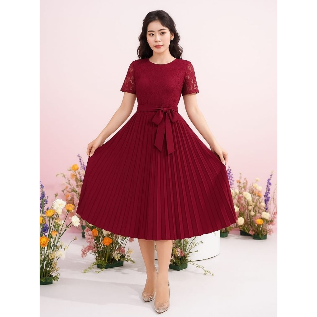 Midi Dress Brokat Rok Plisket Jessy Size L XL XXL Gaun Pesta Modis Natal Dan Gereja Baju Dress Forma