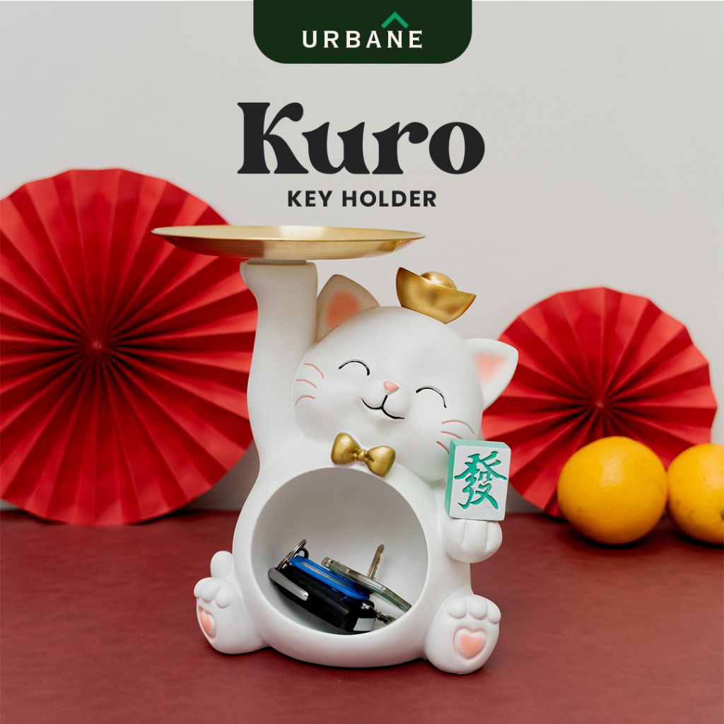 [URBANE] KURO Pajangan Patung Kucing Hoki Lucky Cat Dengan Nampan Tray Gold Hiasan Imlek Dekorasi Ru