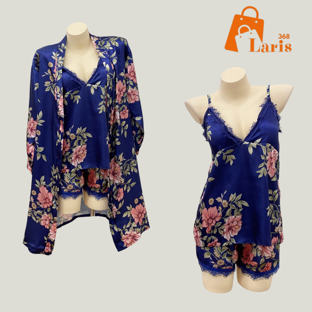 Bestie Setelan Baju Tidur Kimono Satin Set Tanktop dan Celana Pendek 3in1 Motif Bunga Cantik