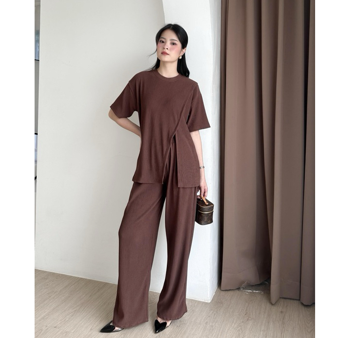 [ROSEAU] RUBY KNIT SET / Set Wanita Korean Knit Lengan Pendek Celana Panjang Kulot