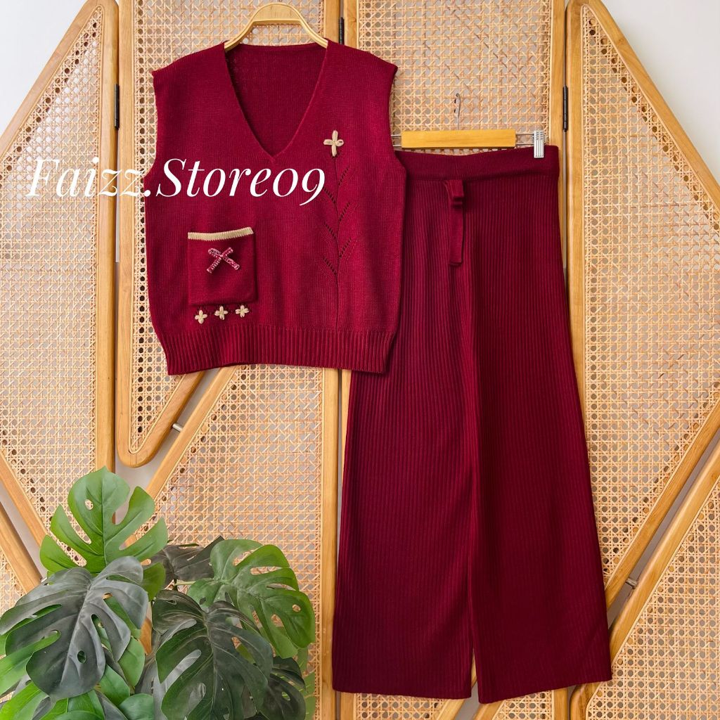 Oneset Allea Vest Rompi Rajut Saku Motif Bunga Pita Lucu Setelan Celana Kulot Premium Wanita Kekinia