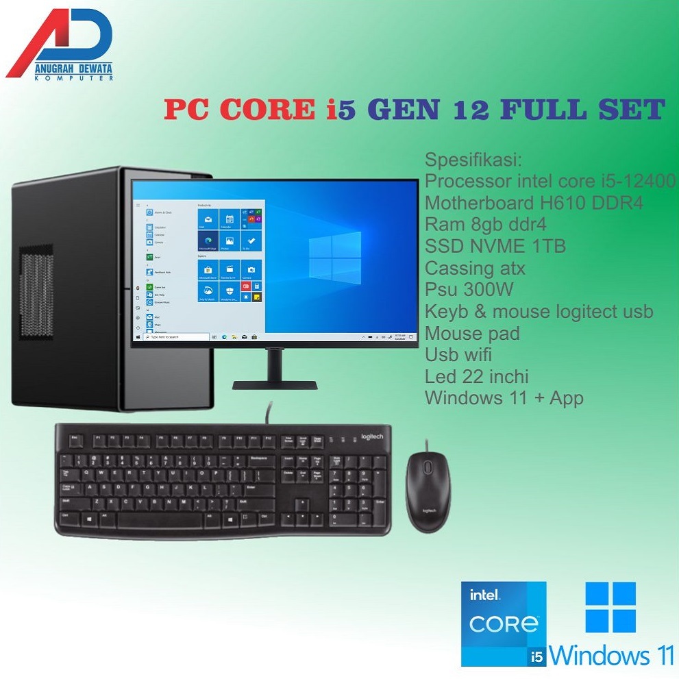 KOMPUTER INTEL CORE i5 GEN 12 SSD 1TB LED 22 INCHI FULL SET