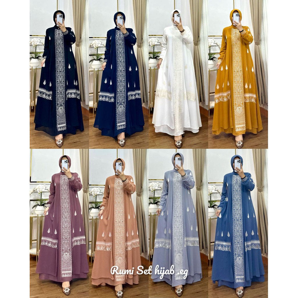 Rumi Set Jilbab / Gamis Ceruty BabyDoll Set Hijab Segi 4 Bordir Payet / COD