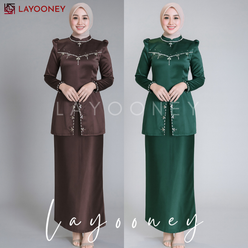Valeria Setelan Baju Kurung Melayu Wanita Slimfit Kondangan Tunik Kebaya Pesta Satin Ungu Burgundy