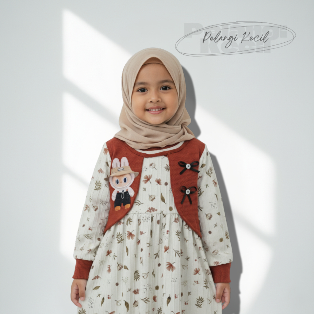 Pelangi Kecil Gamis Anak Perempuan Aira Baju Muslim Motif Viral Labubu Rompi Knit Bahan Crinkle