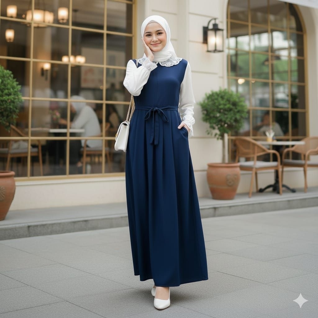 MARYA/GAMIS NAVY PUTIH RENDA TILE