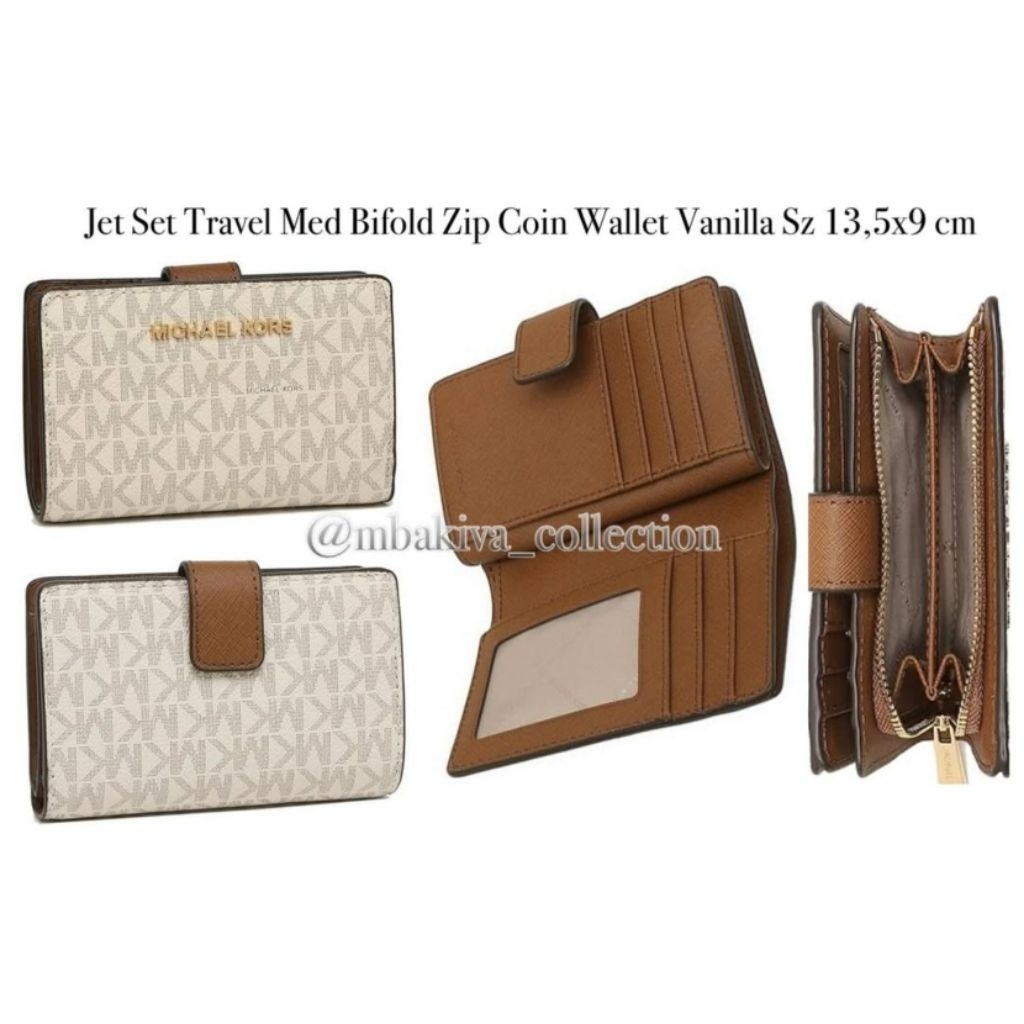 MK Jet Set Travel Med Bifold Zip Coin Wallet Vanilla