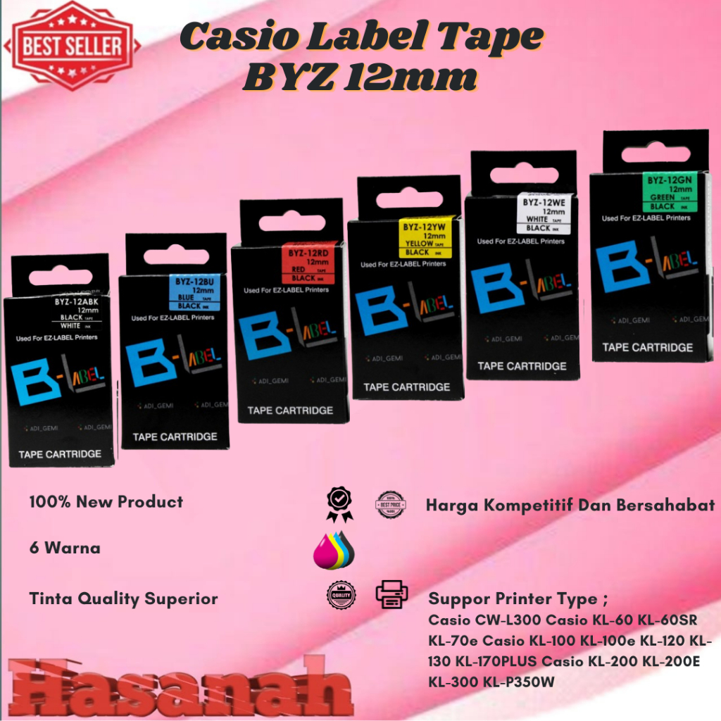 Compatible TAPE Cartridge CASIO BYZ 12RD,12BU,12WE,12YW,12GN,12ABK (12mm X 8m) For Casio KL-60 KL-60