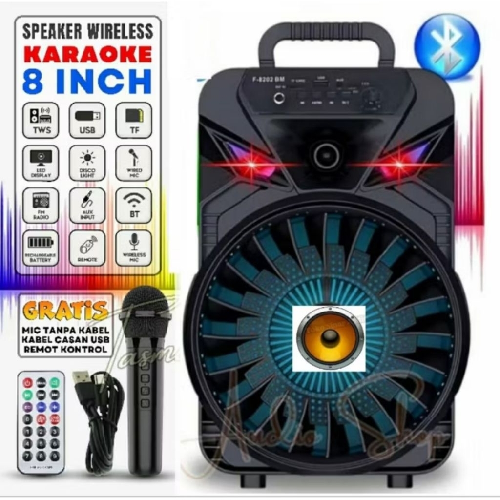 Speaker Bluetooth Aktif Super Bass Ukuran 8 Inch Free Mic Dan Remot Salon Aktif Extra Bass Mp3/Mp4