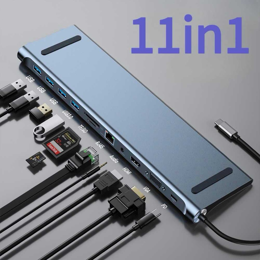 Hub USB Type C Adaptor HDMI 4K AUX Card Reader 11in1