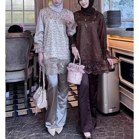 Diyana Set Tunik & Celana Silk Brukat Mix Chantily Kondangan Lamaran Wisuda Setelan Celana Terbaru