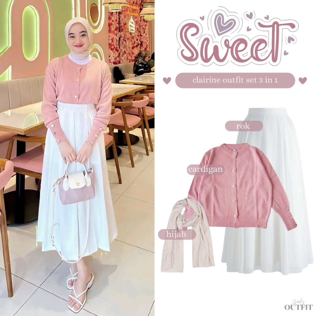 Outfit Wanita Kekinian ( Cardigan Kancing + Rok Payung + Hijab ) One set OOTD Hangout - Clairine