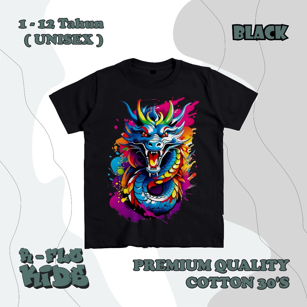 Kaos Anak Perempuan Laki Laki Motif Naga Usia 1-12 Tahun Baju Unisex 6 Warna Bahan Katun 30s