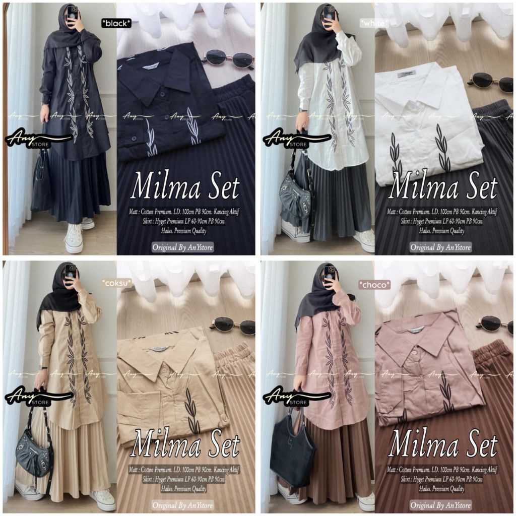Milma Set Rok Plisket Ori By Any // Baju Tunik Polos Variasi Motif Setelan Rok Plisket Modis / Onese