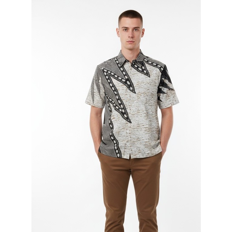 Kemeja Hem Batik Pria Lengan Pendek Hitam Putih 58 - Batik Nulaba