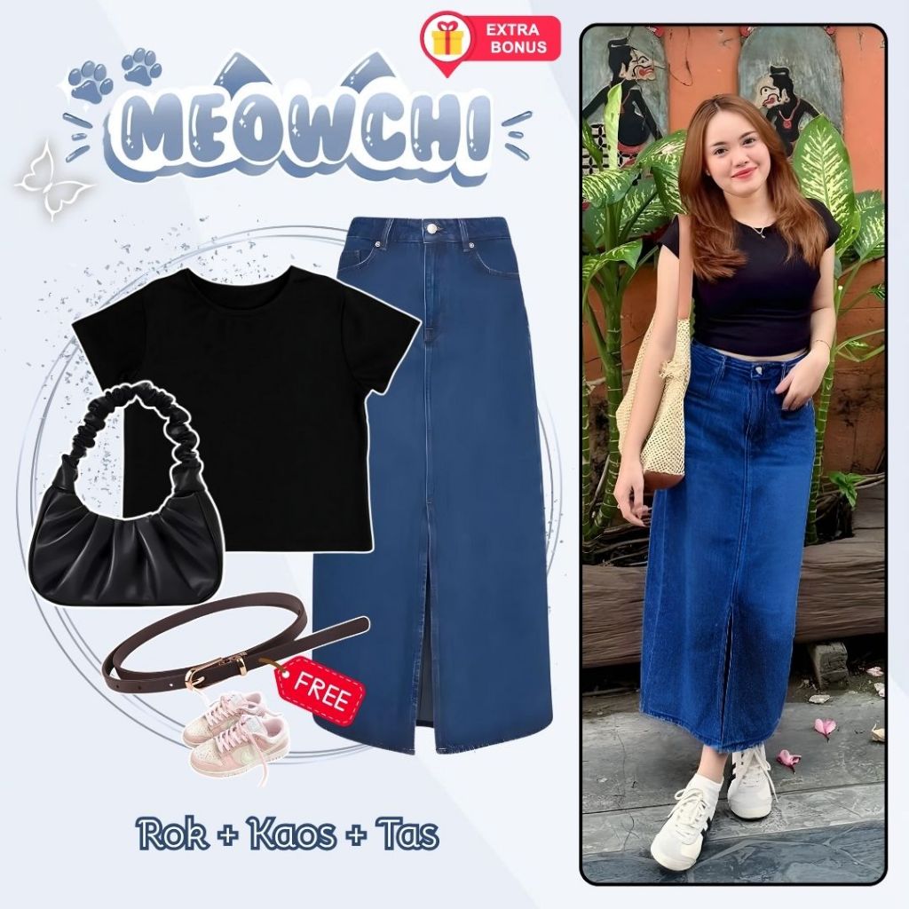 One set 3in1 kaos crop top rok jeans tas kerut belt | ootd outfit oneset setelan anak perempuan cewe