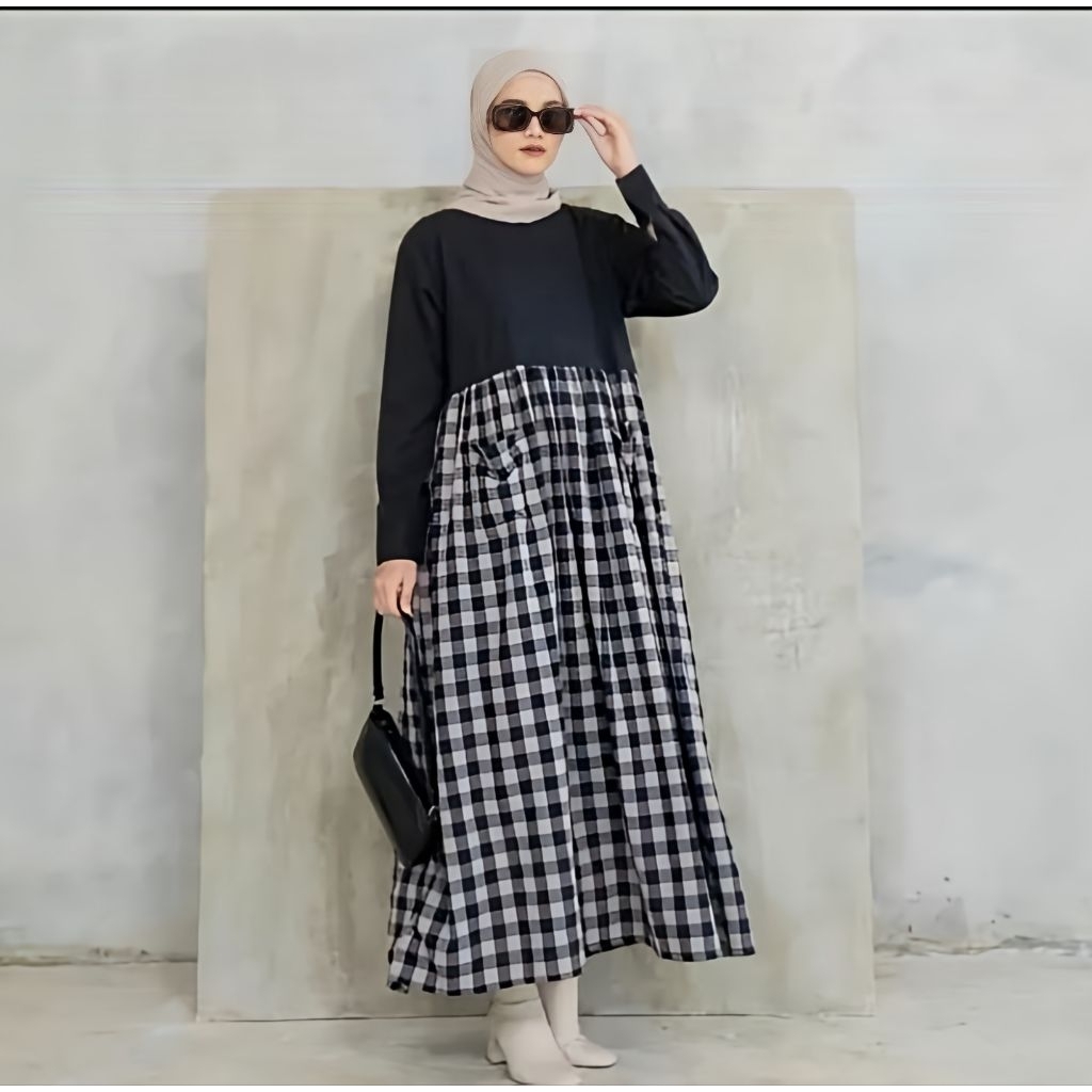 Kamaniya Dress Baju motif kotak kotak Hitam Baju tunik wanita remaja dewasa Adem dan modis