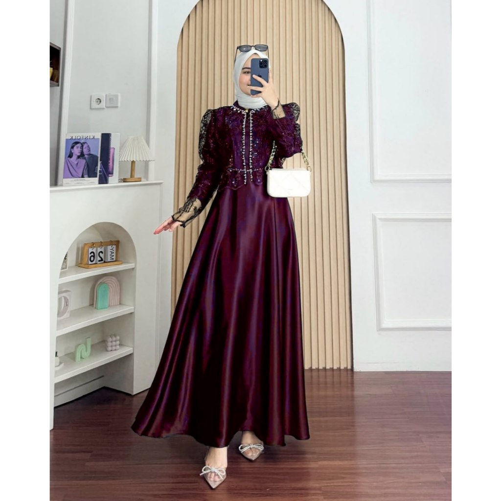 Sakura Dress Melayu Malaysia Tille Set Outer Mix Payet Mutiara Gamis Warna Burgandy Mahogany trend 2
