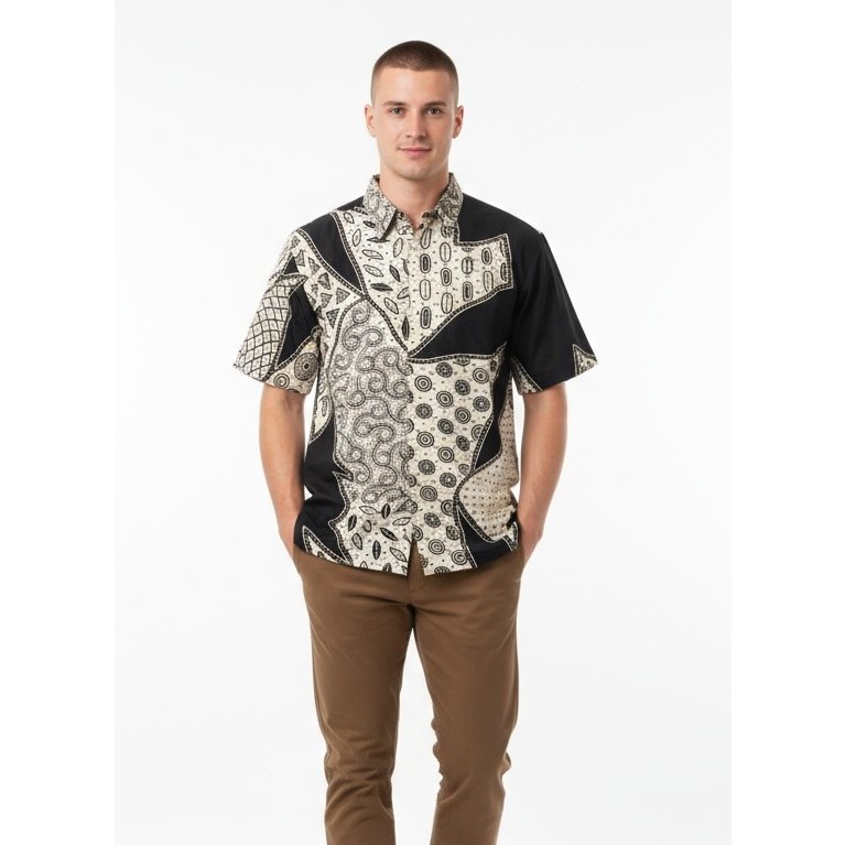 Kemeja Hem Batik Pria Lengan Pendek Hitam Putih 35 - Batik Nulaba
