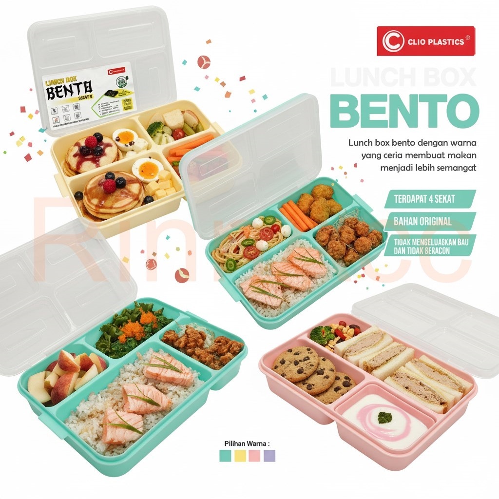 Rantang Catering Bento Sekat 4 Clio / Lunch Box Tempat Kotak Segi Makan Anak