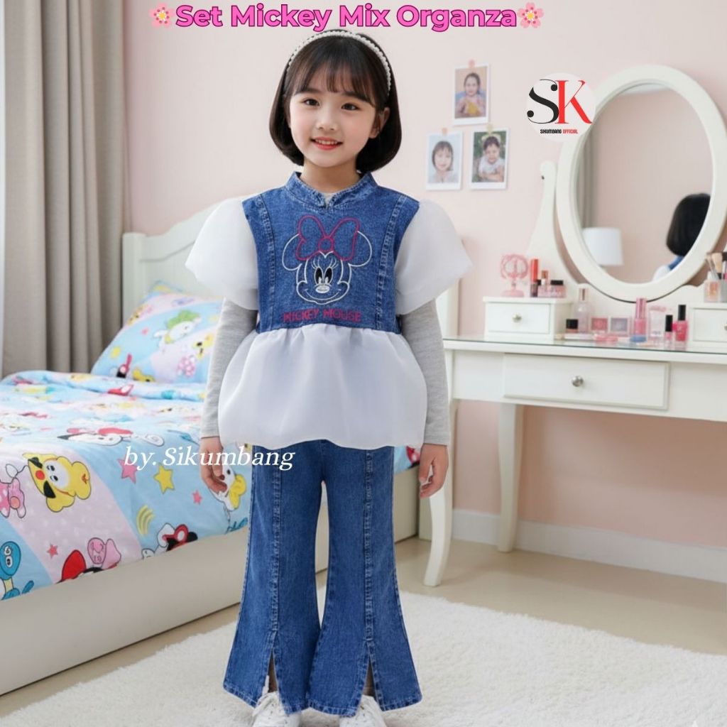 Setelan Mickey Jeans Sablon Anak Perempuan 3 - 10 Tahun Model Lengan Organza Masakini Import Koreans
