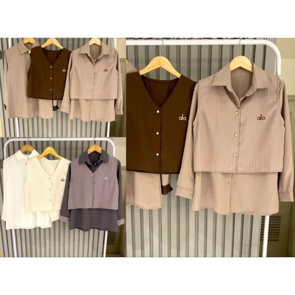 Kemeja Blouse Set Vest Linen Salur Import Wanita 2 IN 1 Kemeja Vest Atasan Wanita Bordir alo
