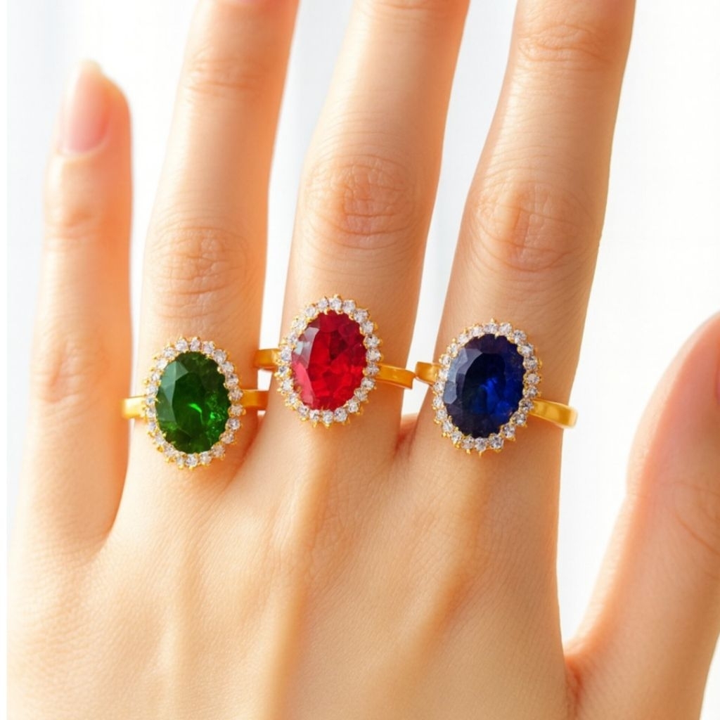Xuping88 Cincin Wanita Motif Bulat batu  Warna merah biru navy hijau Full Permata Mewah Elegant Berk