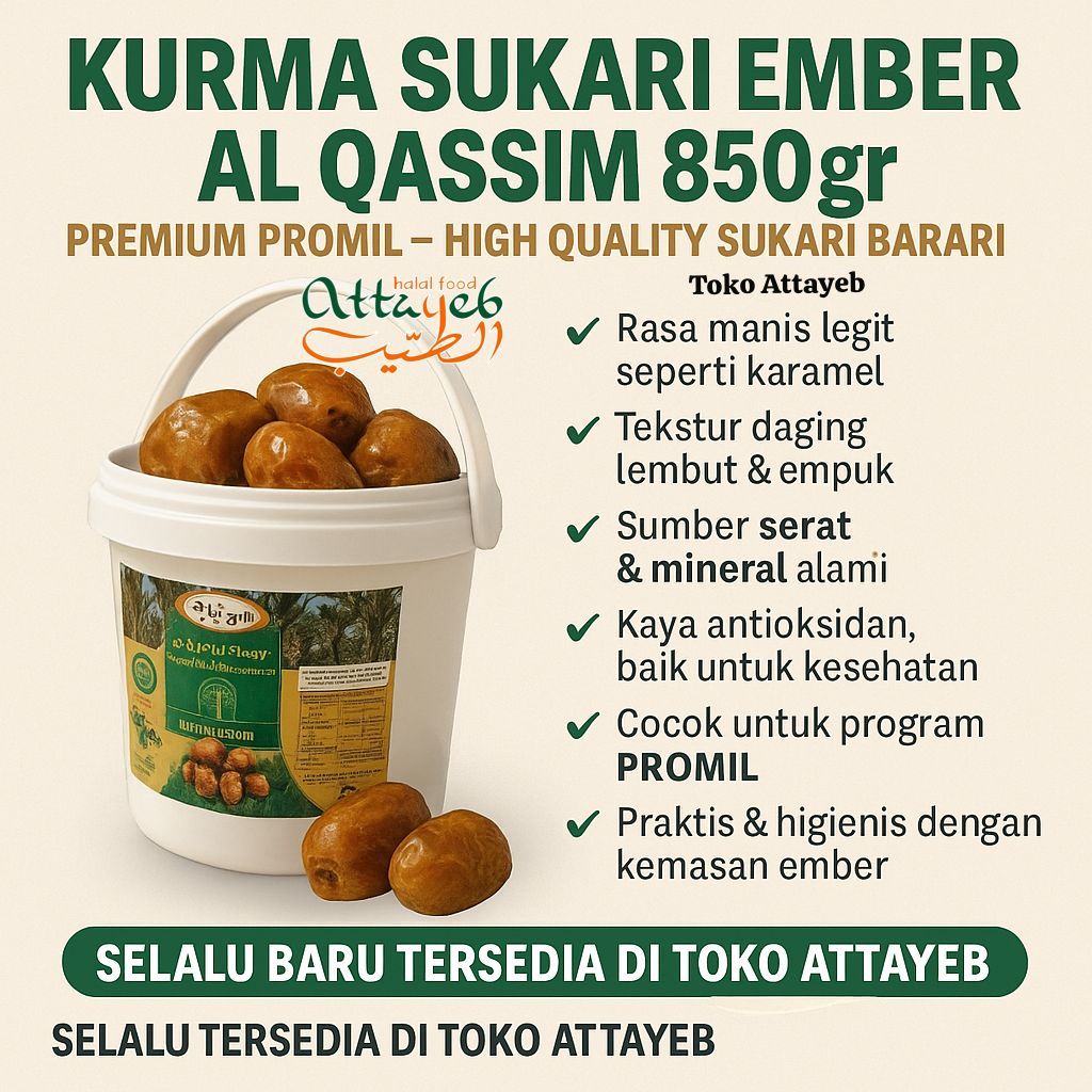 kurma sukari Ember al Qassim 850gr Premium Promil Kemasan Ember (EXP 2027) Timur Tengah 850 gr High 