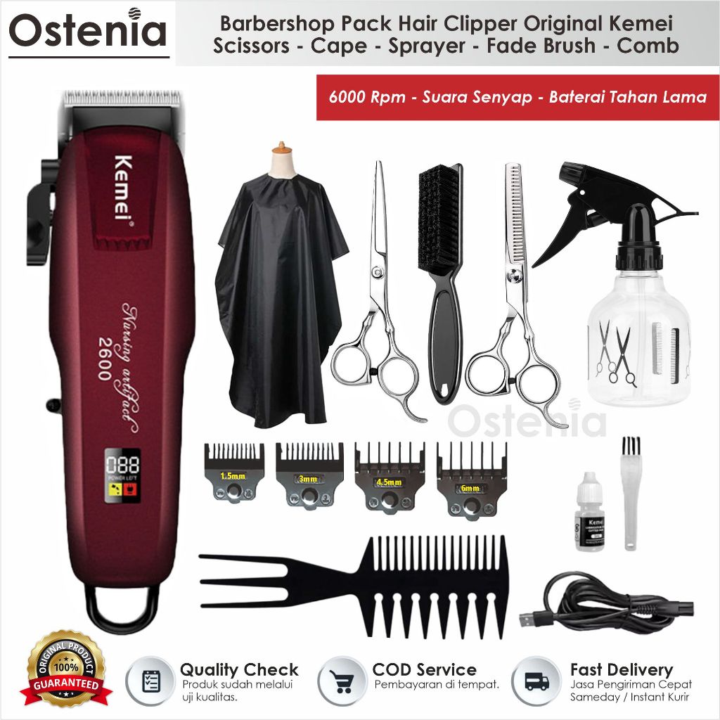 Alat Mesin Cukur Rambut Baterai Cas Original Kemei Paket Barbershop Set Lengkap Gunting Stainless