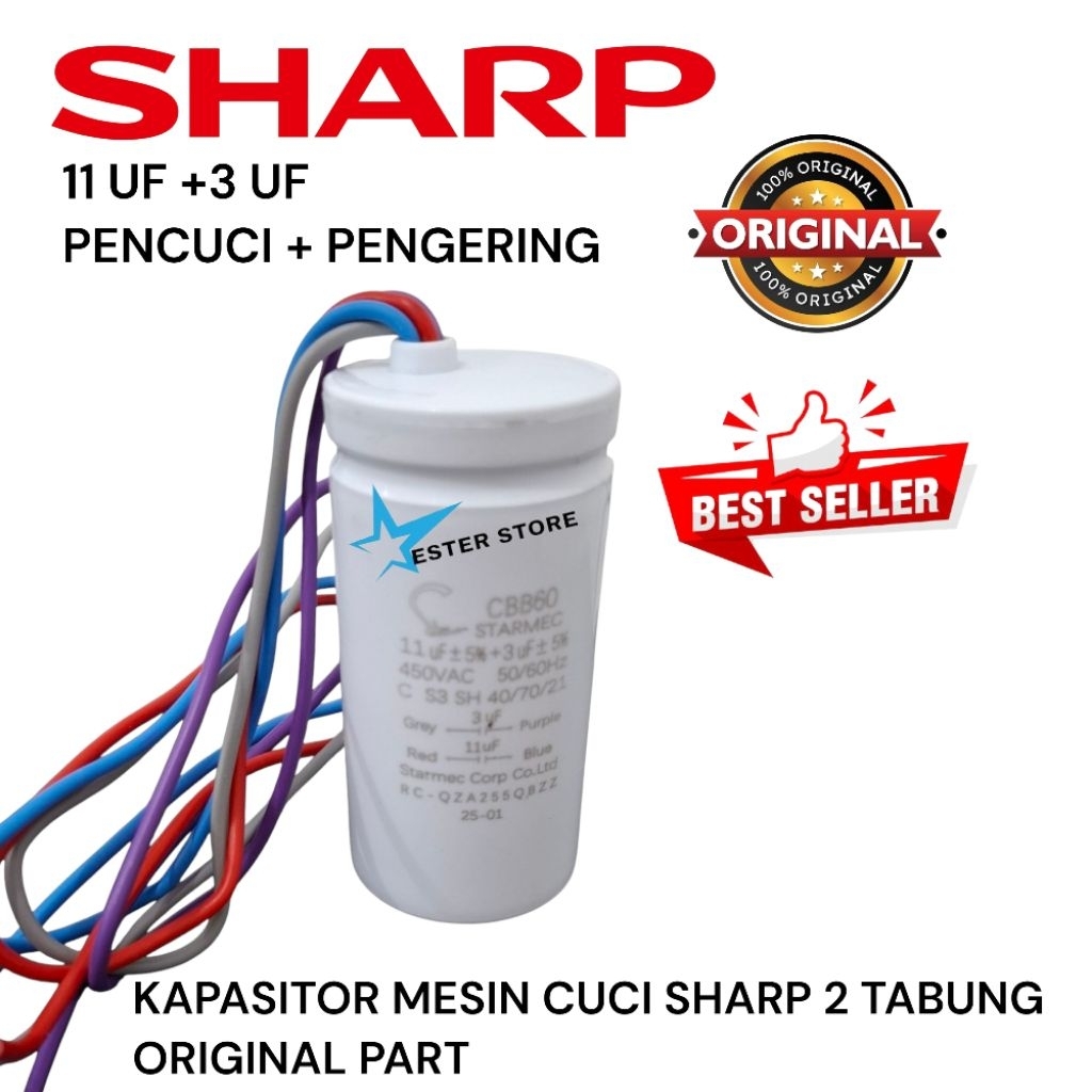 Kapasitor 11+3UF starmec Original Sharp ES-T65M ES-T65MW kapasitor mesin cuci Sharp 2 tabung ori