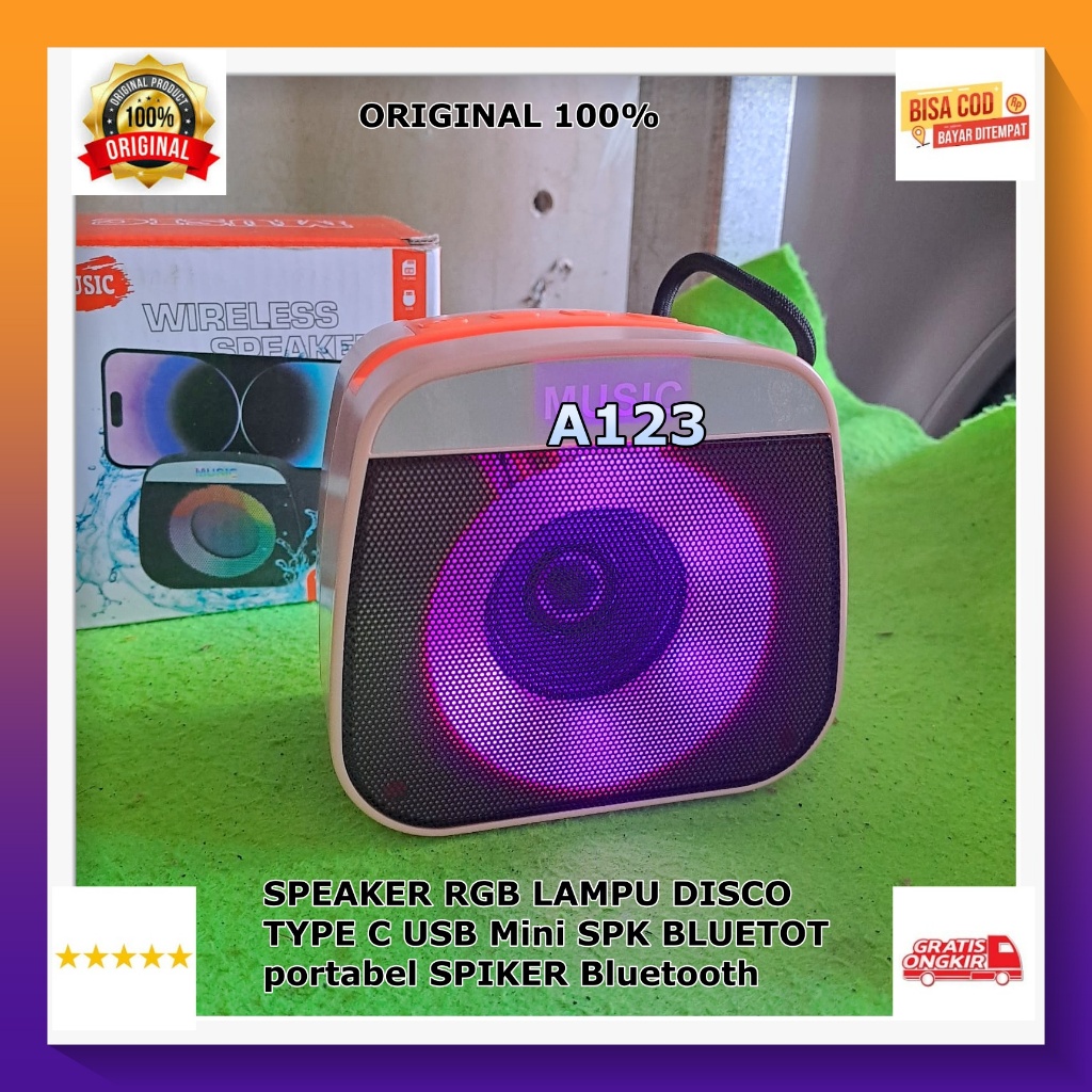A123 Audio Bluetooth SPEAKER WIRELESS ORI 100% SPEAKER RGB LAMPU DISCO TYPE C USB Mini SPK BLUETOT p