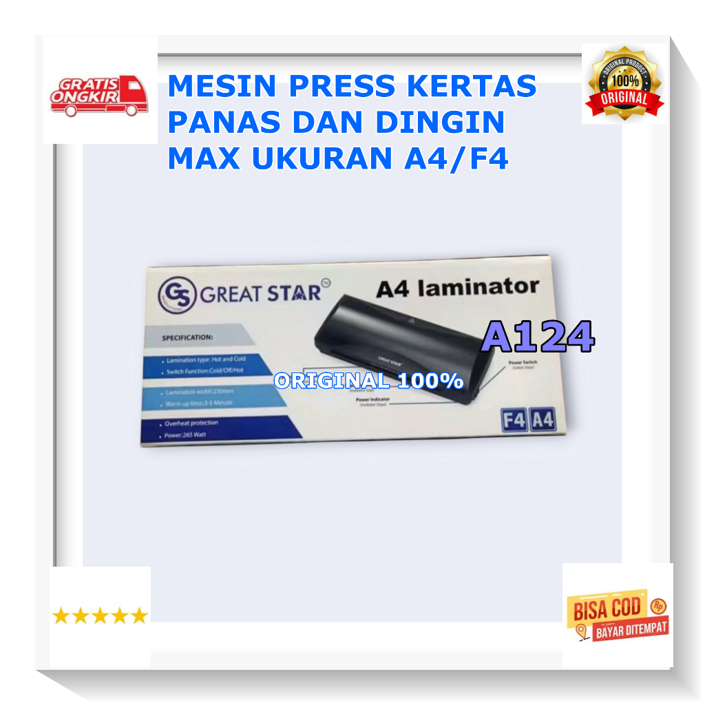 A124 MESIN LAMINATOR LAMINATING PRESS KERTAS PLASTIK PRES DOKUMEN ORI 100% PANAS DINGIN MAX UKURAN A