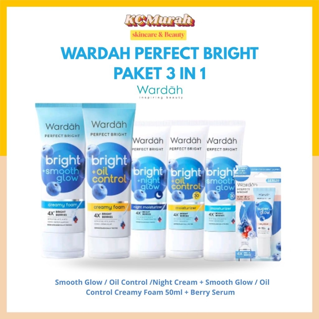 Wardah Perfect Bright Paket 3 in 1 ( Day / Night Cream + Creamy Foam 50 mili + Berry Serum ) Paket P