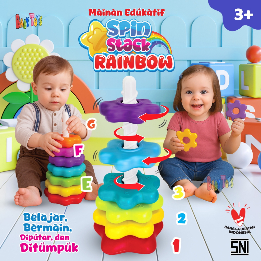 BabyToys Mainan Ring Donat Susun Putar Anak Bayi Jumbo Edukasi Rainbow Tower Spinner Stack Edukatif