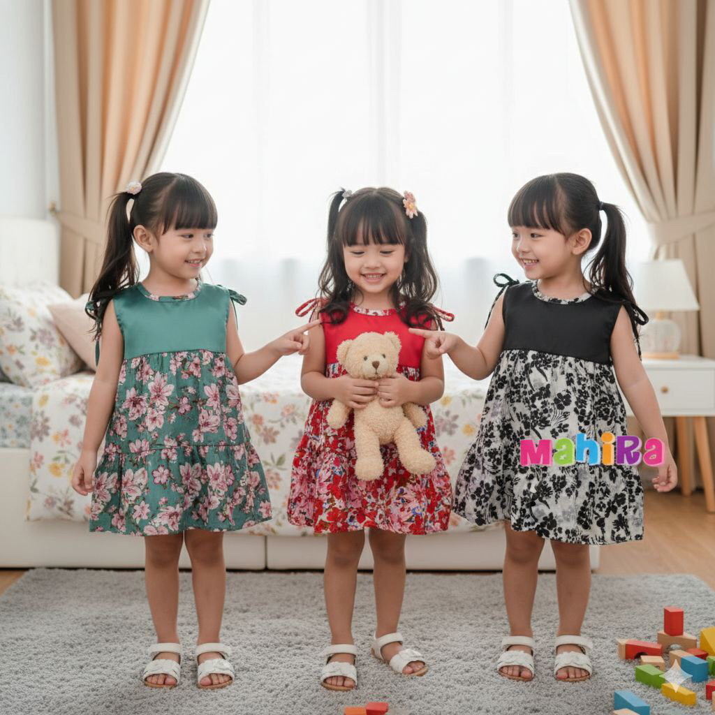 MAHIRA- DRES ANAK BAJU PEREMPUAN MOTIF Canda BAHAN RAYON BAYI 0-5 tahun adem premium