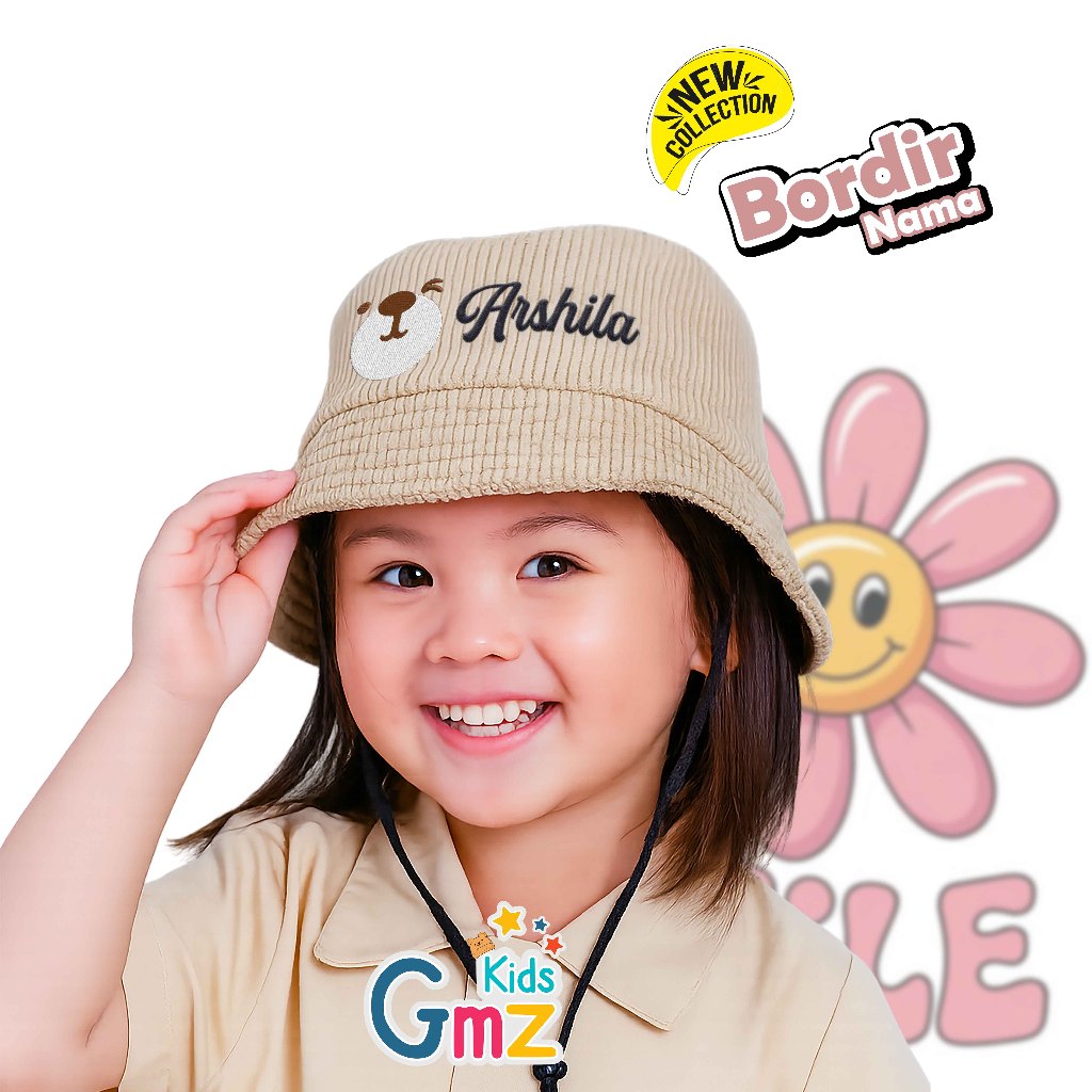 Topi Bucket Corduroy Bear Anak Perempuan & Laki-Laki Bordir nama Cocok Untuk Usia 1-5 Tahun