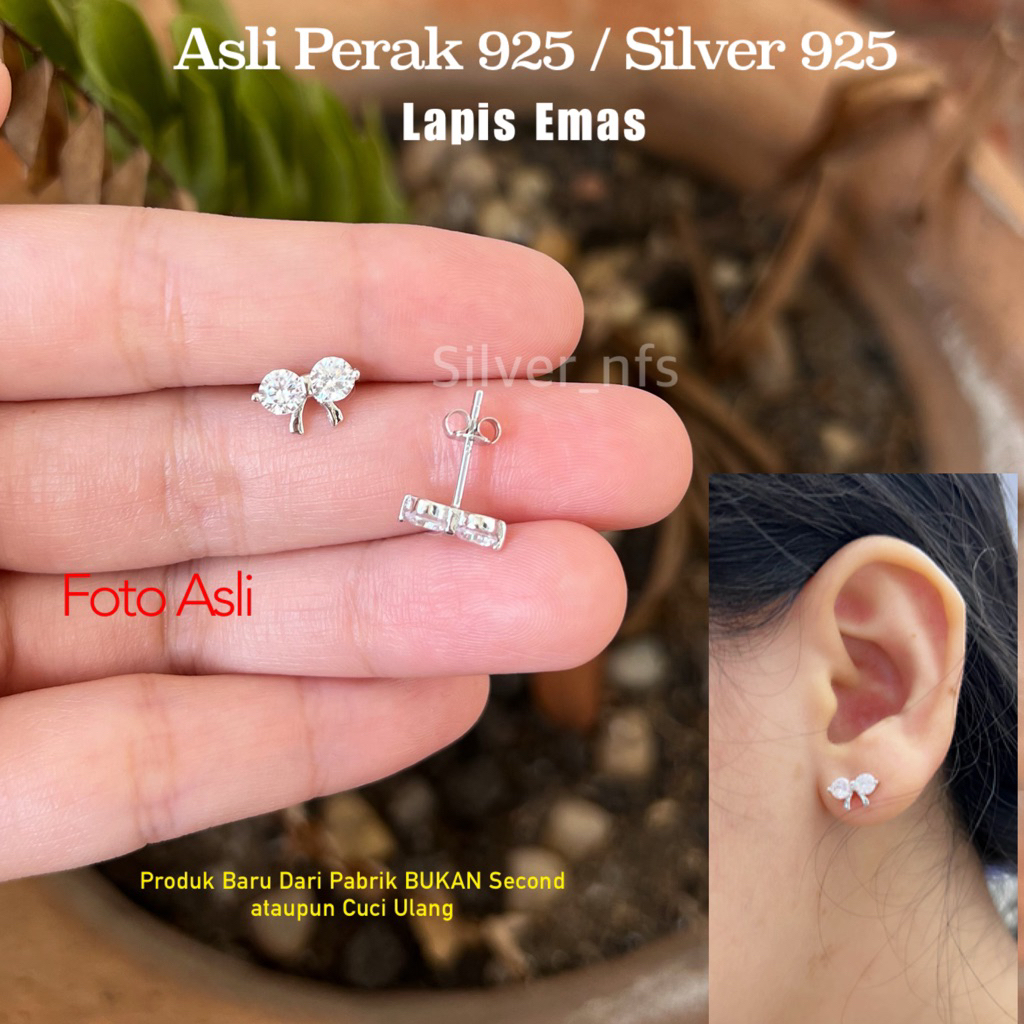 Anting Wanita Asli Perak Silver 925 Lapis Emas Putih Awet Anti Karat Tidak Gatal Model Pita Giwang S