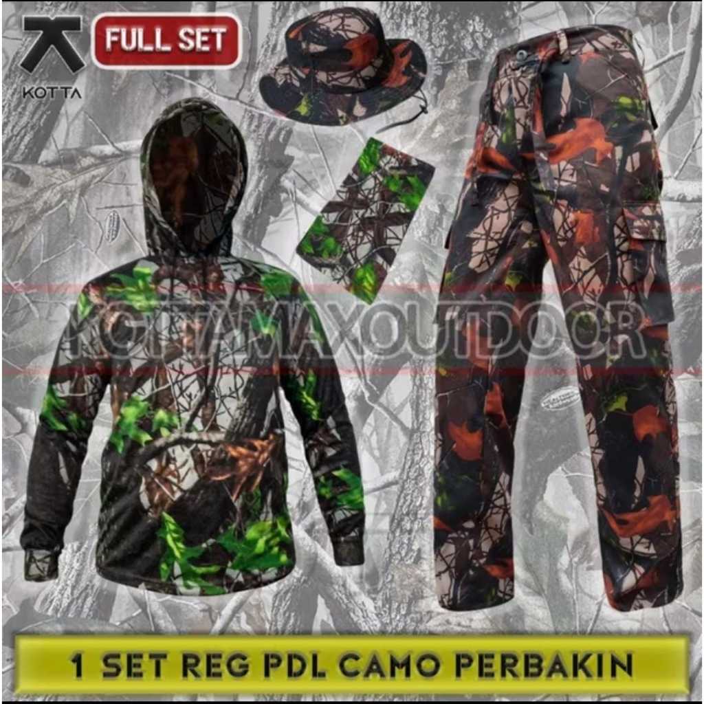 Satu Set Setelan Baju Kaos Hoodie Celana Topi Rimba Kamuflase Camo Perbakin Hunting Berburu