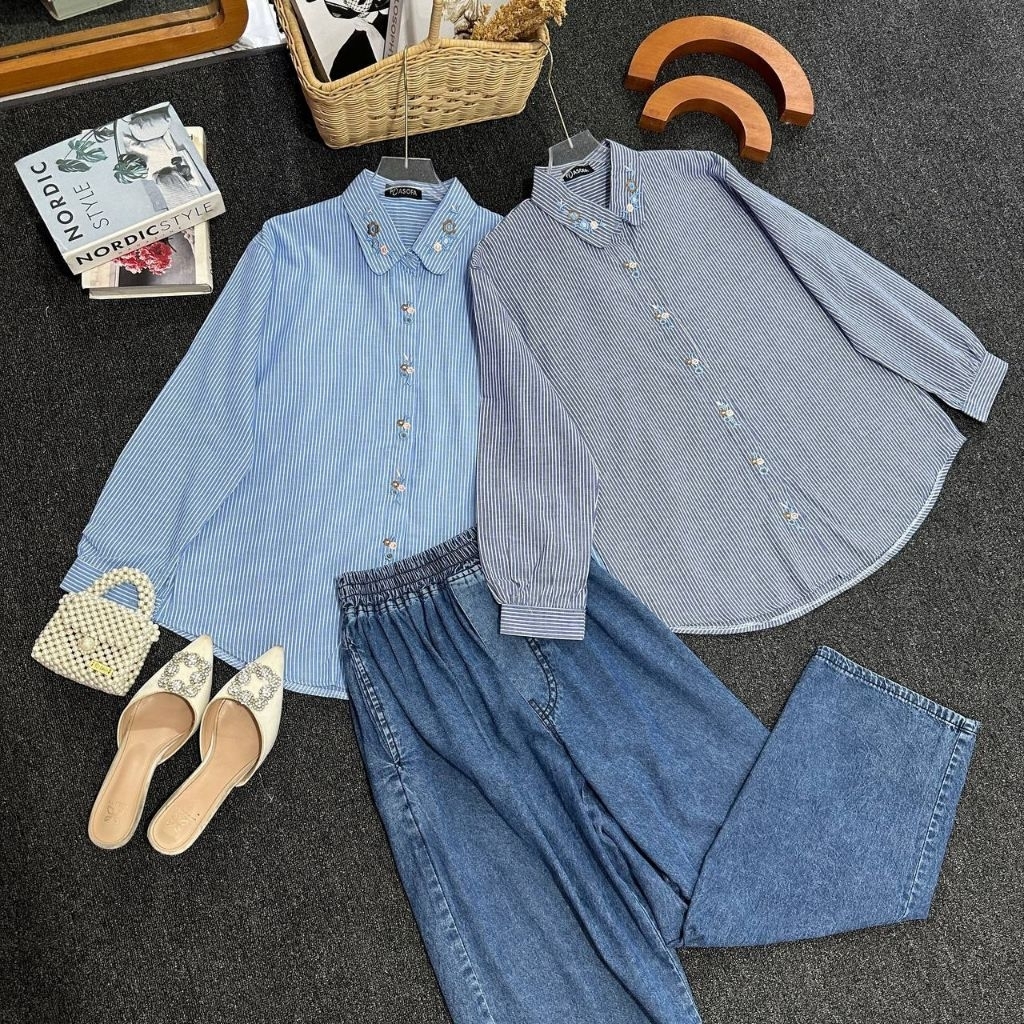Asofa Jeha Setelan Celana Jeans Kemeja Aksen Bordir Salur