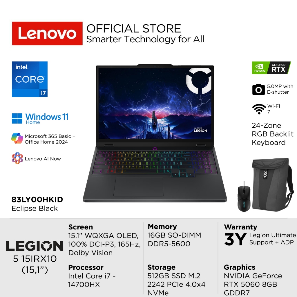 Lenovo Legion 5i 15IRX10 HKID Intel Core i7 14700HX, RAM 16GB, 512GB SSD, NVIDIA RTX 5060 8GB GDDR7 