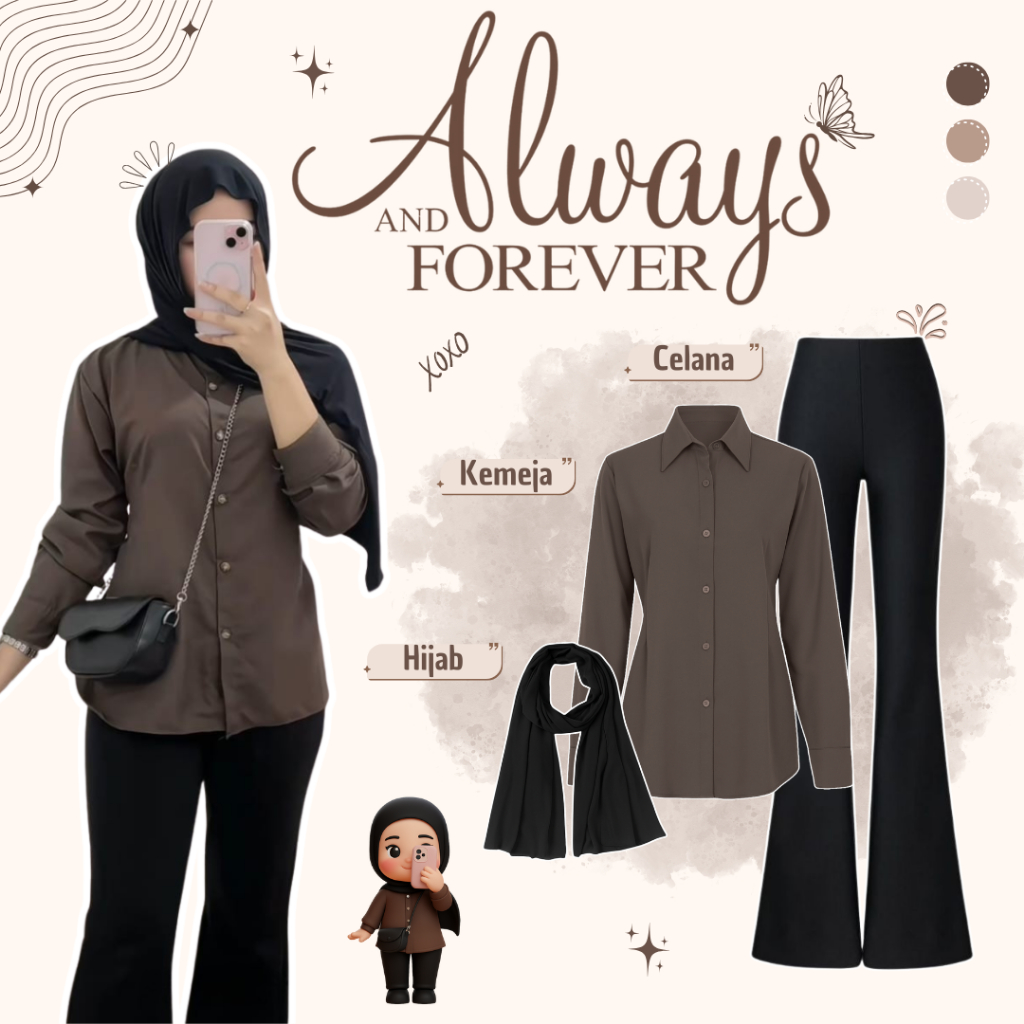 Setelan Wanita Kekinian | Outfit Hang Out | 3in1Remaja  Look | Blouse + Celana + Hijab - BU149N