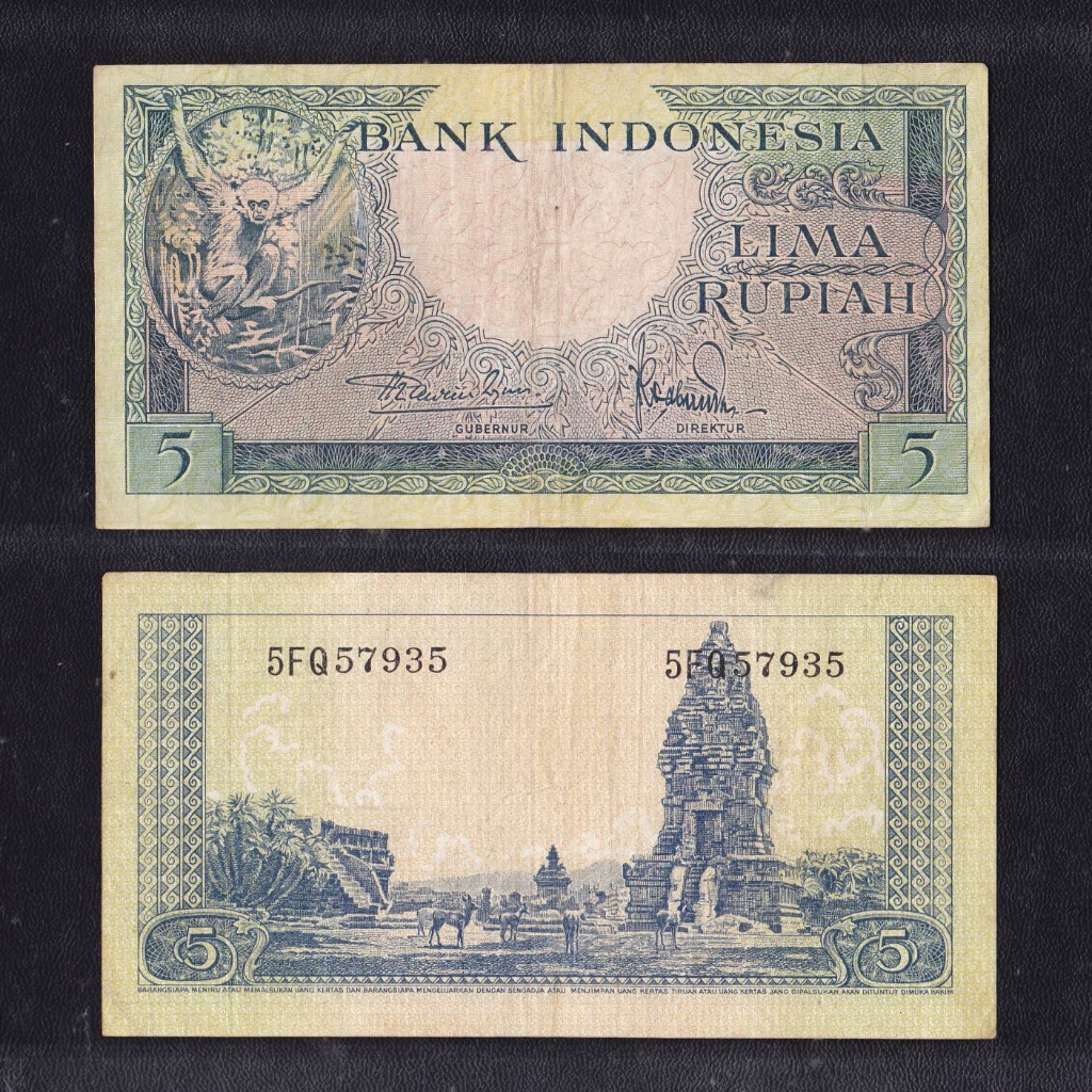 Uang kuno 5 rupiah seri Hewan tahun 1957 "monyet/owa-Jawa
