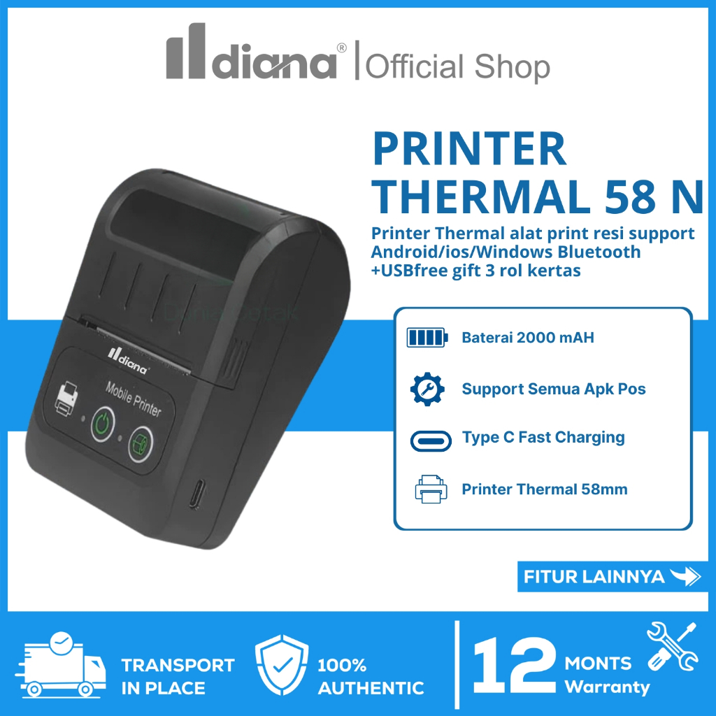 DIANA Printer Kasir Bluetooth + USB 58mm MP-58N – Printer Thermal Resi Android/iOS/Windows