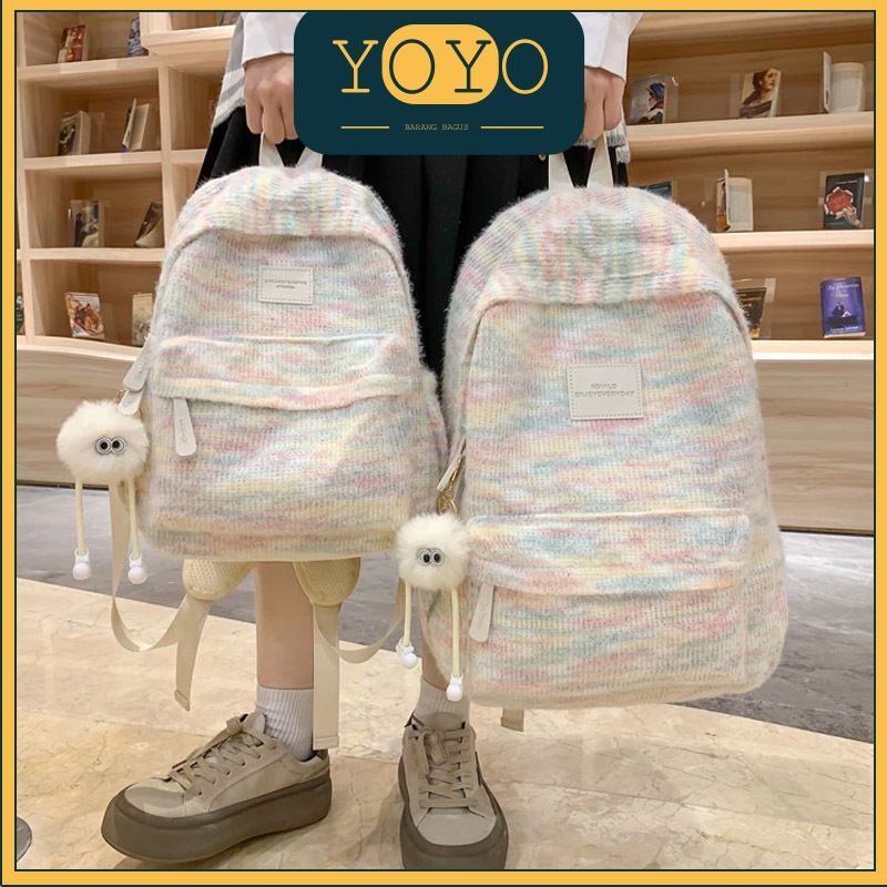Pelangi mewah rajutan tas sekolah wanita Jepang tas bahu mini ransel siswa fashion bag kuliah Import