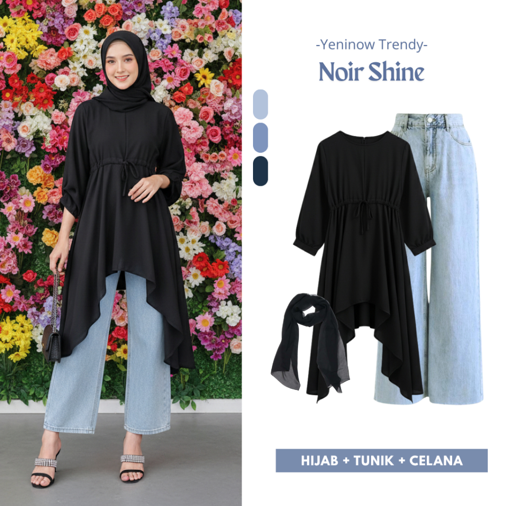 Noir Shine 3in1 One Set Kondangan Mecca Tunik, Celana Jeans, Free Hijab - Lebaran Outfit Wanita Cant