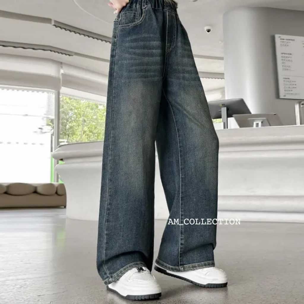 Celana Jeans Gombrong Lebar Anak Perempuan 7-15 Tahun-Celana Jeans Anak Model Sekena Gombrong  Lebar