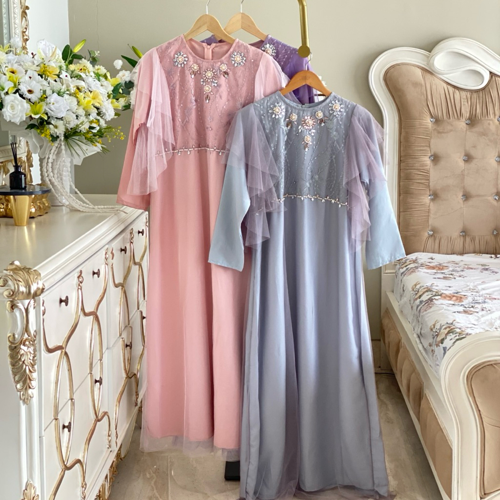DRESS TULLE BROKAT PAYET BUNGA | DRESS KONDANGAN ELEGAN