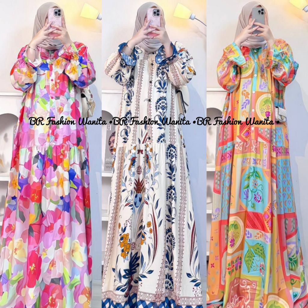 DAVIA DRESS GAMIS RAYON JUMBO MOTIF BUNGA KLOK LEBAR BUSUI FRIENDLY LENGAN KARET REMPEL