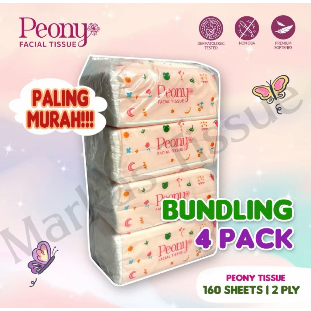 Tissue Peony 160 Sheets / Lembar 2ply Reffil Ecer Grosir Bundling 4 Pack - Tisu 180 sheets - Tisu 25